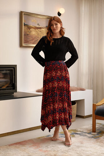 Izabel London - Printed Box Pleat Hanky Hem Midi Skirt